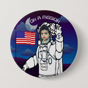 Bóton Redondo 7.62cm Foto do Astronauta Blue Outer Space American Flag