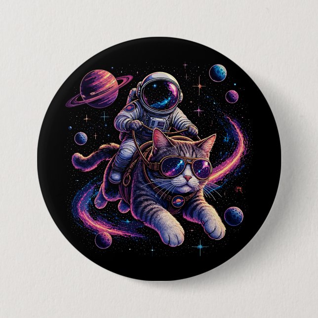 Bóton Redondo 7.62cm Gato astronauta viajando pelo espaço (Frente)