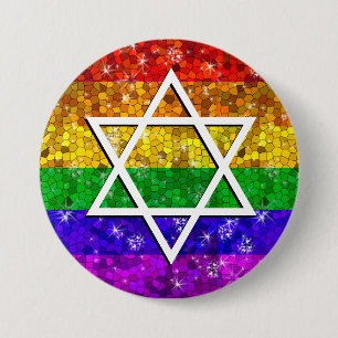 Bóton Redondo 7.62cm Gay Judeu  do Arco-Íris da Glitter - Estrela Judia