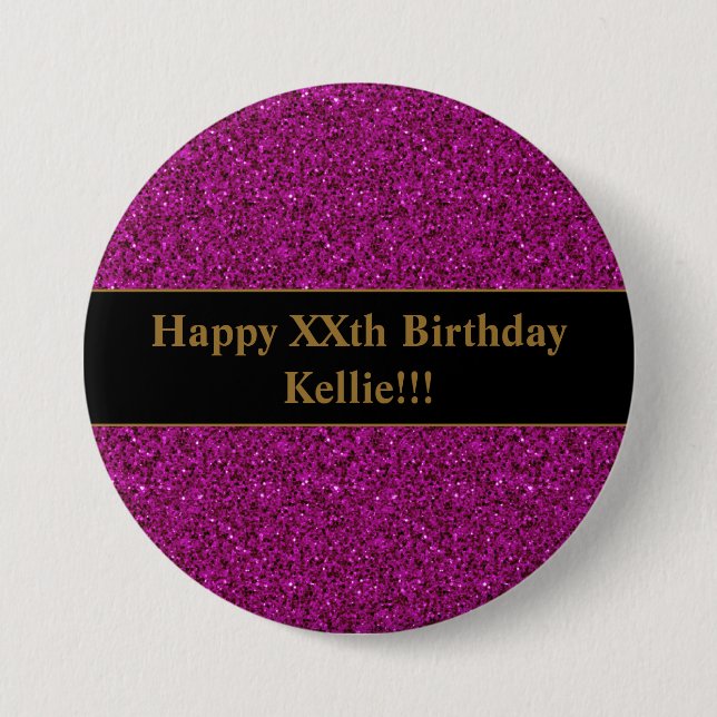 Bóton Redondo 7.62cm Glitter Roxo com Botão de Aniversário da Mensagem (Frente)