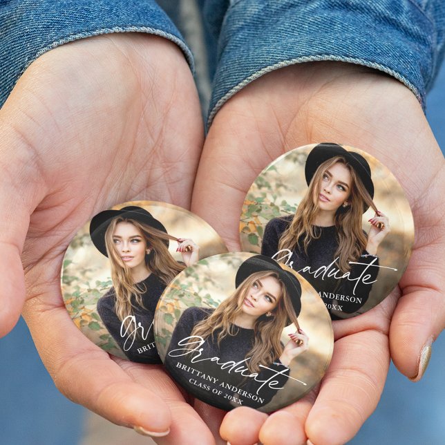 Bóton Redondo 7.62cm Graduação de Fotografias com Script de Tinta Moder (Customize to change your personalized text size or text style.)