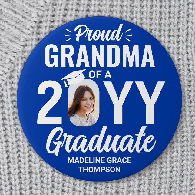 Bóton Redondo 7.62cm Graduate Photo Proud Grandma Royal Blue and White (Criador carregado)