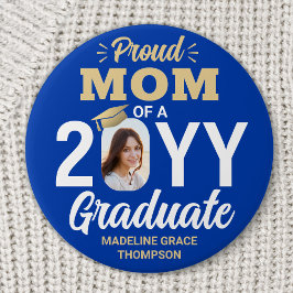 Bóton Redondo 7.62cm Graduate Photo Proud Mom Modern Royal Blue & Gold