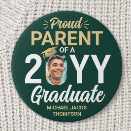 Bóton Redondo 7.62cm Graduate Photo Proud Parent Modern Green and Gold