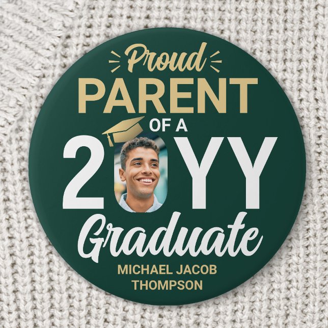 Bóton Redondo 7.62cm Graduate Photo Proud Parent Modern Green and Gold (Criador carregado)