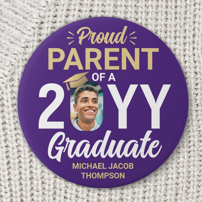 Bóton Redondo 7.62cm Graduate Photo Proud Parent Modern Purple & Gold (Criador carregado)