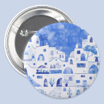 Bóton Redondo 7.62cm Grécia Santorini Watercolor Towscape<br><div class="desc">Uma pintura paisagística em aquarela da bela ilha grega de Santorini em azul e branco.</div>