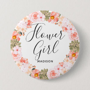 Bóton Redondo 7.62cm Grinalda Floral Moderna de Menina de Flor Rosa Chi