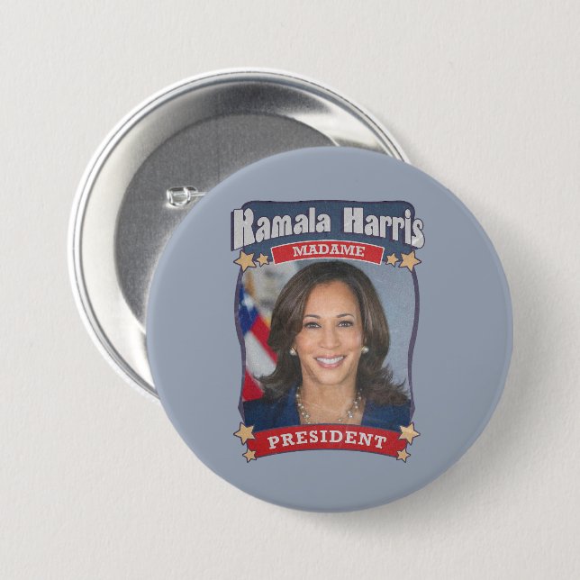 Bóton Redondo 7.62cm Kamala Harris Madame Presidente Card (Frente & Verso)