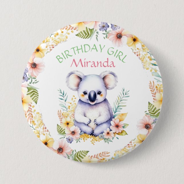 Bóton Redondo 7.62cm Koala Bear Themed Birthday Girl Personalizada (Frente)