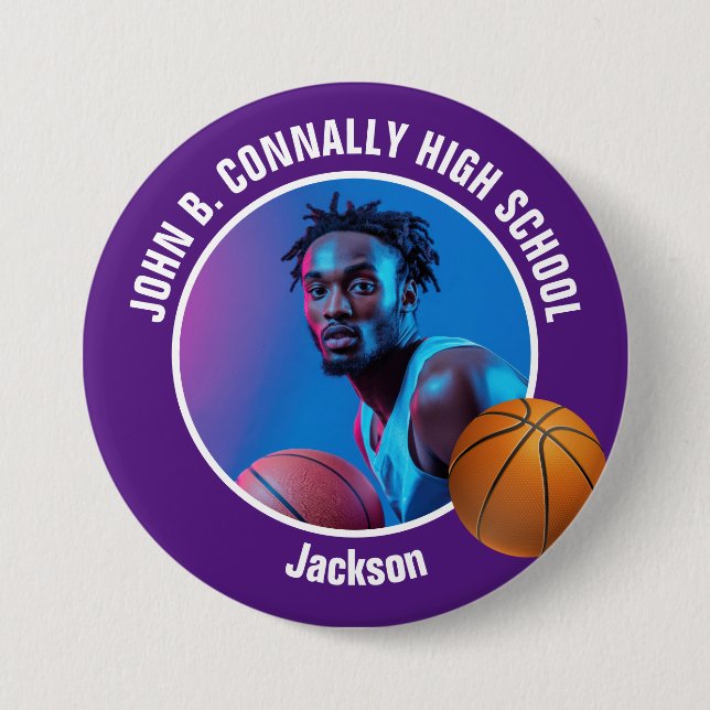 Bóton Redondo 7.62cm Large Purple High School Basketball Player Photo (Frente)