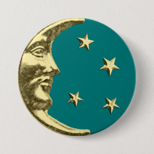 Bóton Redondo 7.62cm Lua e estrelas do art deco - cerceta e ouro