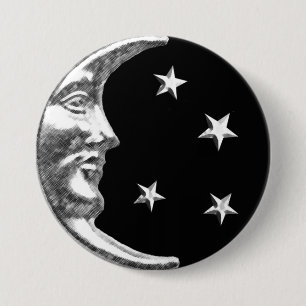 Bóton Redondo 7.62cm Lua e estrelas do art deco - preto e prata