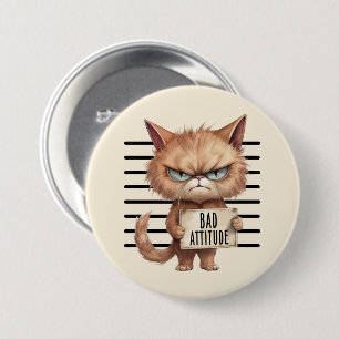 Bóton Redondo 7.62cm Má Atitude Cat Mugshot - Design Felino Engraçado