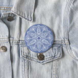 Bóton Redondo 7.62cm Mandala Branco Exótico em Fundo Azul