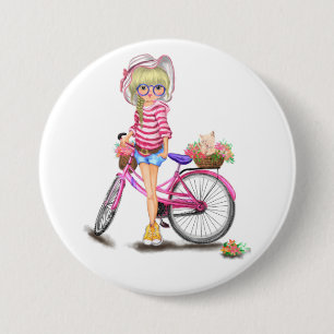 Bóton Redondo 7.62cm Menina Loura-Gira com Bicicleta Rosa e Gato nas Fl