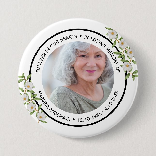 Bóton Redondo 7.62cm Modern Elegant White Floral Forever in our Hearts  (Frente)