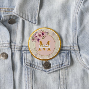 Bóton Redondo 7.62cm Monograma Elegante Floral Dourado Nome e Inicial