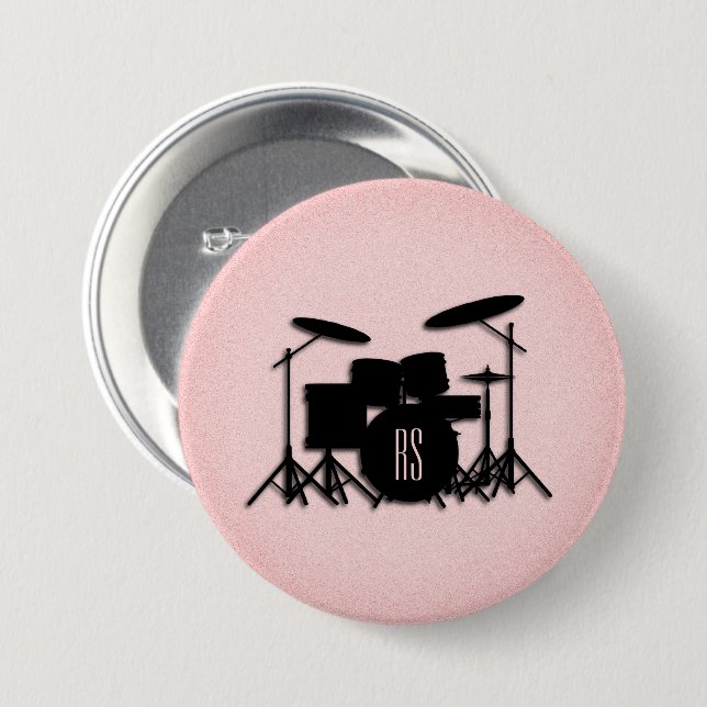 Bóton Redondo 7.62cm Monogramo Drum Set Music Design Rosa (Frente & Verso)