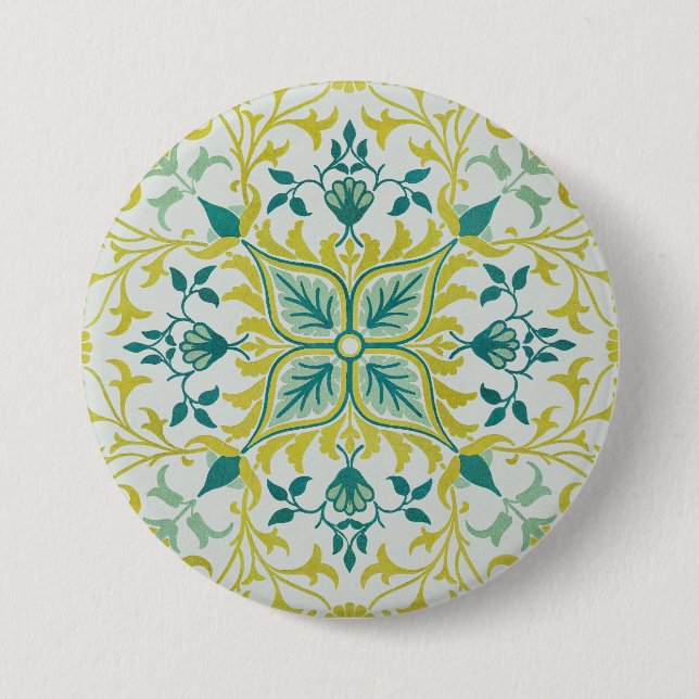 Bóton Redondo 7.62cm Morris Yellow Turquoise Vine & Flower Pattern (Frente)