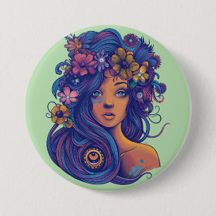 Bóton Redondo 7.62cm Mulher Boho Fantasy com Cabelo Floral