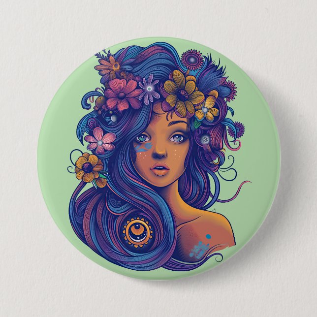 Bóton Redondo 7.62cm Mulher Boho Fantasy com Cabelo Floral (Frente)