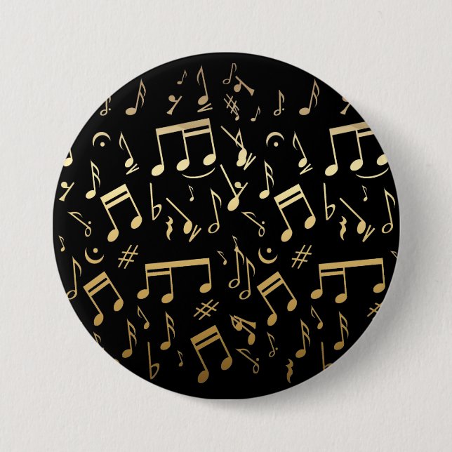Bóton Redondo 7.62cm Notas musicais douradas no fundo preto (Frente)