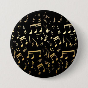 Bóton Redondo 7.62cm Notas musicais douradas no fundo preto