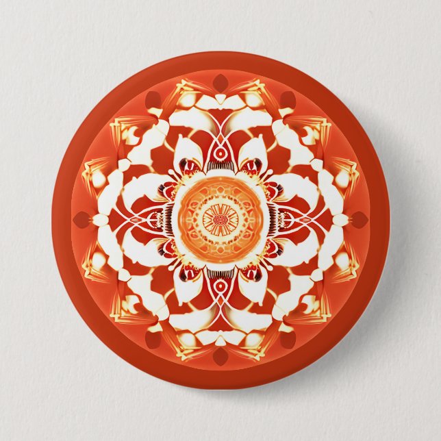 Bóton Redondo 7.62cm Padrão de Batik Mandala em Vermelho Ruivo (Frente)