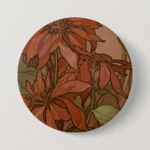 Bóton Redondo 7.62cm Padrão Floral de Poinsettia Vermelha Art Nouveau d