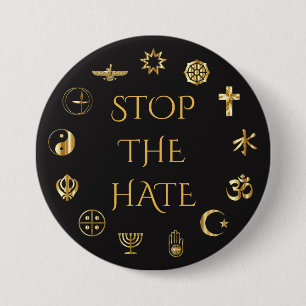 Bóton Redondo 7.62cm "Pare o ódio" com símbolos de religiões do mund
