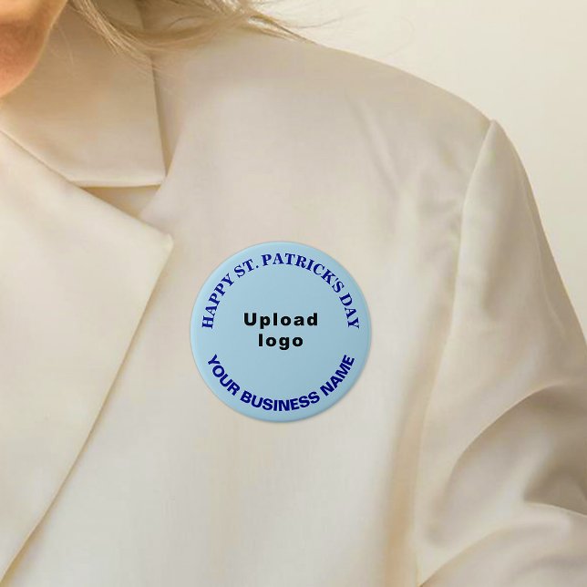 Bóton Redondo 7.62cm Patrick Saudação ao Light Blue Round (Business name and logo with Happy Saint Patrick's Day greeting on light blue round button.)