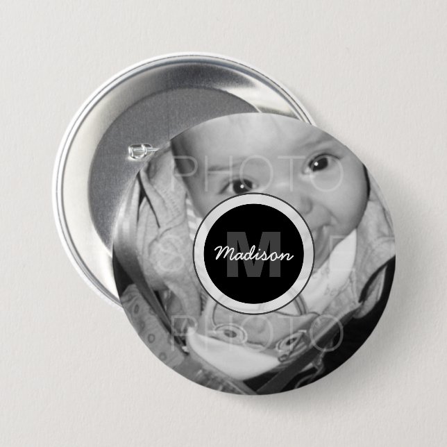 Bóton Redondo 7.62cm Personalizar o Monograma de Fotos em Branco Preto (Frente & Verso)
