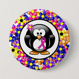 Bóton Redondo 7.62cm Pinguim com Laço de Conscientização Rosa Quente