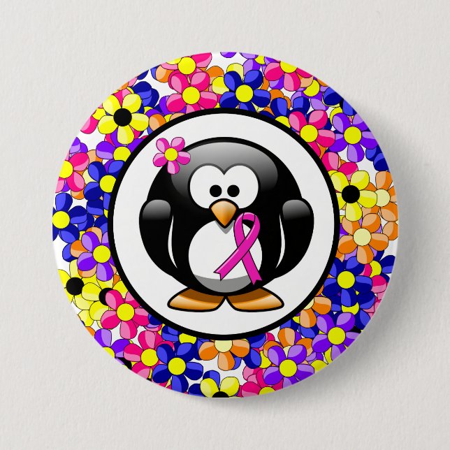 Bóton Redondo 7.62cm Pinguim com Laço de Conscientização Rosa Quente (Frente)