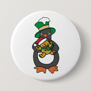 Bóton Redondo 7.62cm Pinguim Irlandês Segurando Urso de Pelúcia de Nata