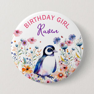 Bóton Redondo 7.62cm Pinguim na Flores, Rapariga de Aniversário Persona