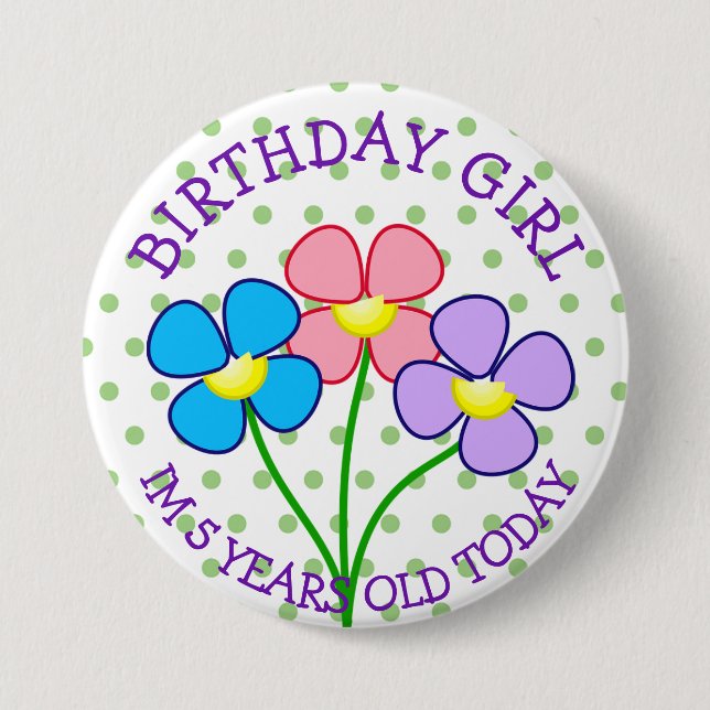 Bóton Redondo 7.62cm Polka Dotted Birthday Girl Button 5 Anos (Frente)