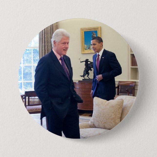 Bóton Redondo 7.62cm Presidentes Barack Obama e Bill Clinton (Frente)