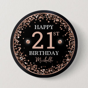 Bóton Redondo 7.62cm Preto e Dourado Rosa Brilho Confete Aniversário