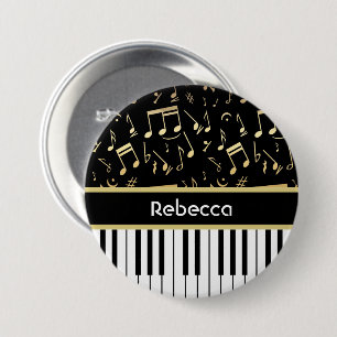 Bóton Redondo 7.62cm Preto e ouro das notas musicais e das chaves do