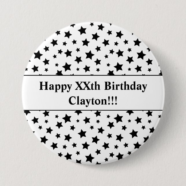 Bóton Redondo 7.62cm Preto Stars com Botão de Aniversário da Mensagem (Frente)