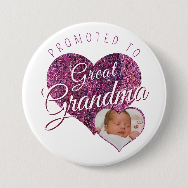 Bóton Redondo 7.62cm Promoted to Great Grandma faux sparkle pink photo (Frente)