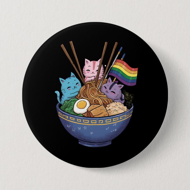 Bóton Redondo 7.62cm Rainbow Flag Gats Ramen Anime Orgulho gay Mês LGBT (Frente)
