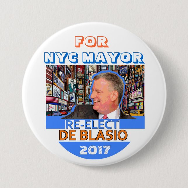 Bóton Redondo 7.62cm Re-elect Bill de Blasio Mayor em 2017 (Frente)