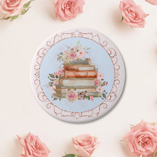 Bóton Redondo 7.62cm Rosas Cor-de-Rosa Vintage e Livros Floral em Aquar