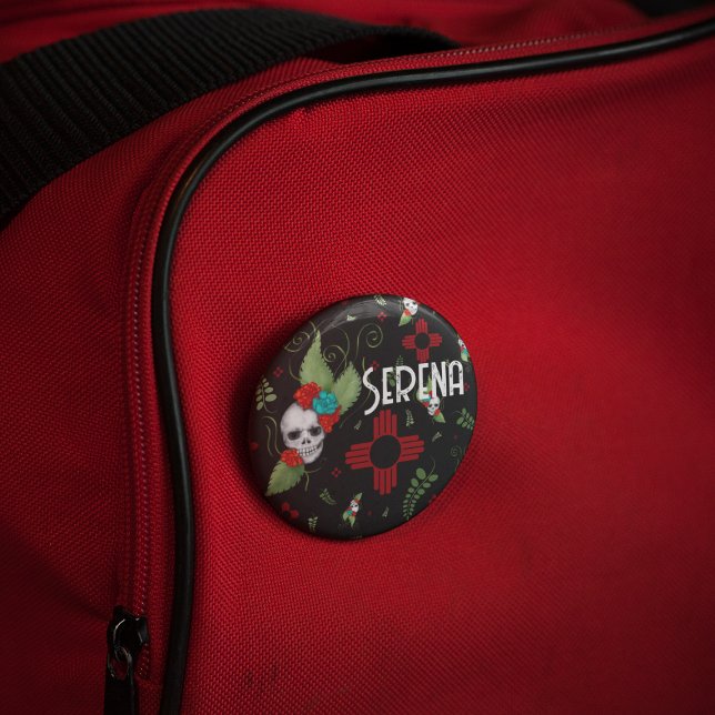 Bóton Redondo 7.62cm Rosas do crânio Zia Sun Greenery Black Novo México (Criador carregado)