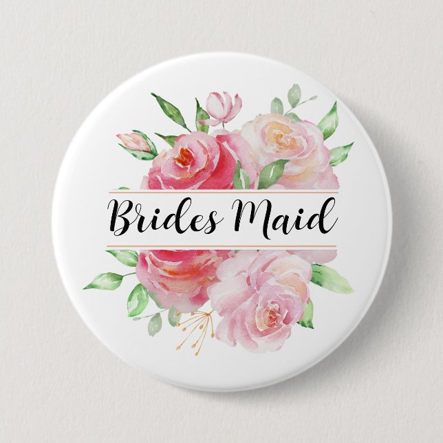 Bóton Redondo 7.62cm Rosas Rosa e Monograma Floral Verde (Frente)