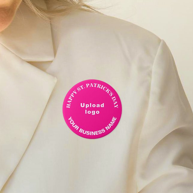 Bóton Redondo 7.62cm Saint Patrick Saudações a Rosa (Business name and logo with Happy Saint Patrick's Day greeting on pink round button.)