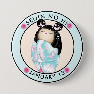 Bóton Redondo 7.62cm Seijin no Hi kokeshi borboletas